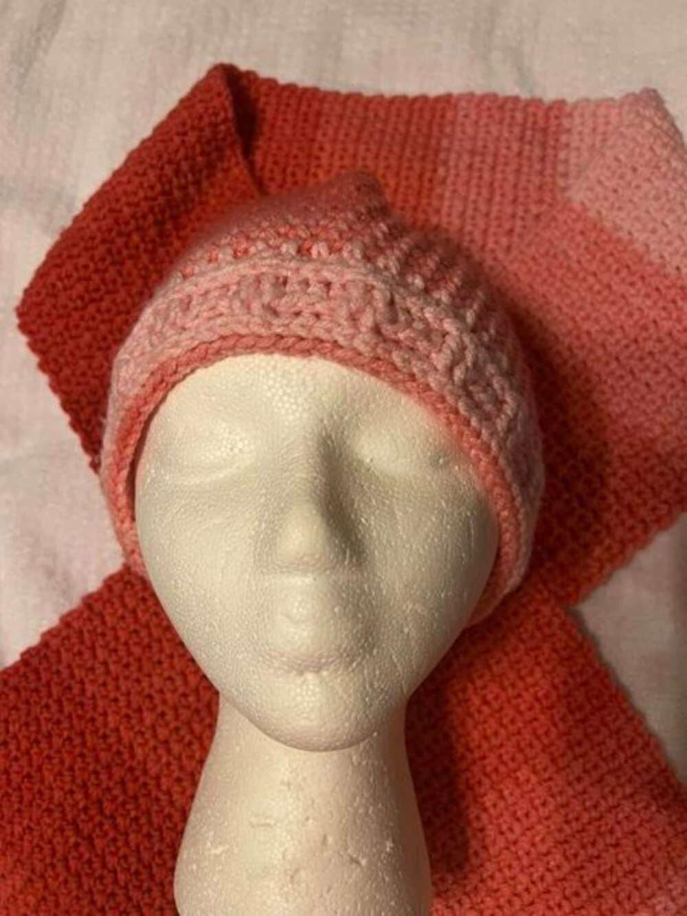 🐻New Hand-Crocheted Salmon to Peach Ombre Hat (22"-27") and Scarf (7"X69") - Picture 2 of 5